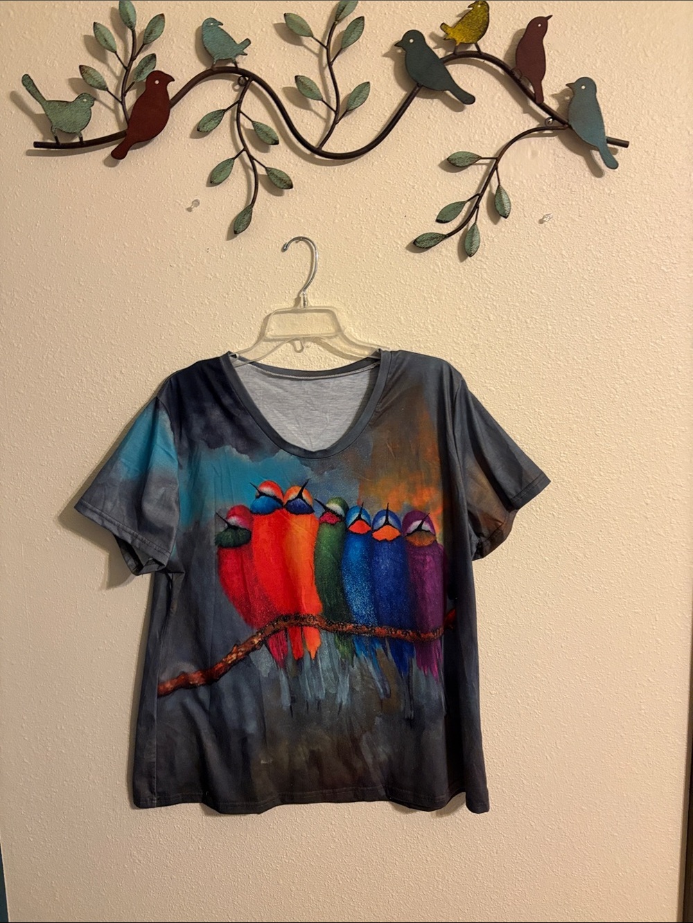 Whimsical women’s Rainbow Birds V-Neck Tee - Multicolor